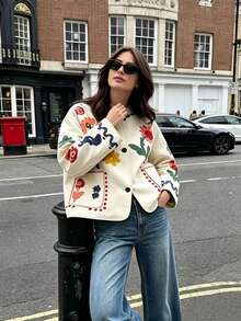 Camellia Autumn New Women's European And American Style Fashion Minimalist Versatile Floral Print Jacket - Beige - View 1