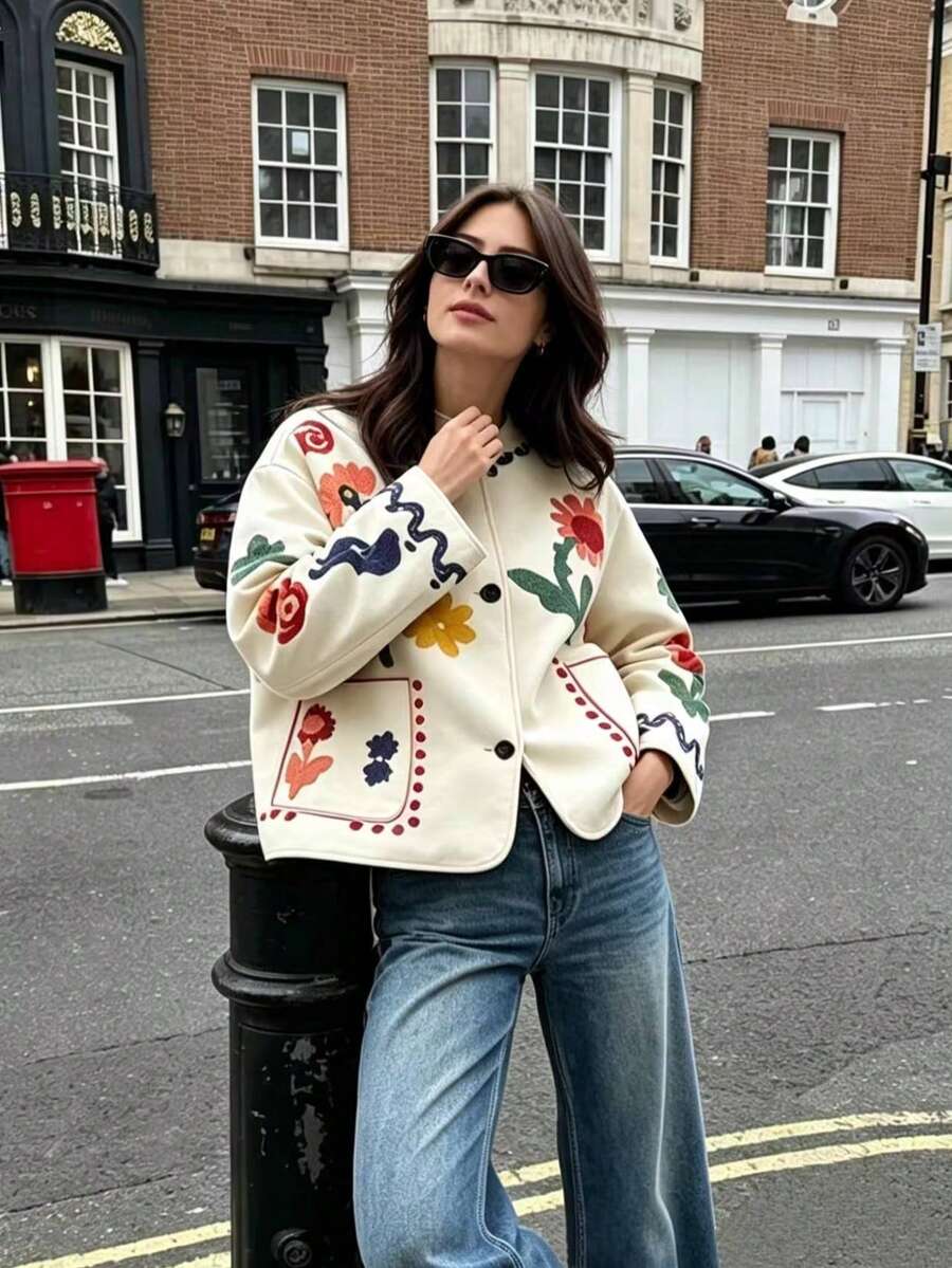 Camellia Autumn New Women's European And American Style Fashion Minimalist Versatile Floral Print Jacket - Beige - View 1