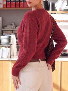 Aflion Women Fall Wine Red Cropped Knit Cardigan, Rhinestone Buttons Round Neck Long Sleeve Irregular Hem Sweater Jacket For Date Party Casual Daily Outfits - Red - View 2