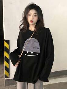 女款秋冬休閒街頭百搭卡通印花圓領寬鬆長袖T恤 - 黑色 - 查看 5