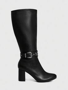 Cool Black PU High-Top Boots For Women, Round Toe Chunky High Heel With Rivet Belt Buckle Decor, Side Zipper, Slimming Western Style Versatile Autumn/Winter Tall Boots - Black - View 5