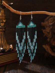 SOUL BEADING أقراط بوهيمية مصنوعة يدويًا بالخرز، أسلوب عطلة عتيق، مزيج ألوان أسود وأخضر، نمط مثلث هندسي، شرابة متدرجة متدلية، إكسسوار موضة أنيق وأنيق - أقراط مصنوعة يدويًا من الخرز - مشاهدة 6