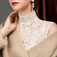 1pc Women's Semi-High Neck Slim Fit Lace Hollow Out Base Layer Top With Faux Collar - Multicolor - View 6