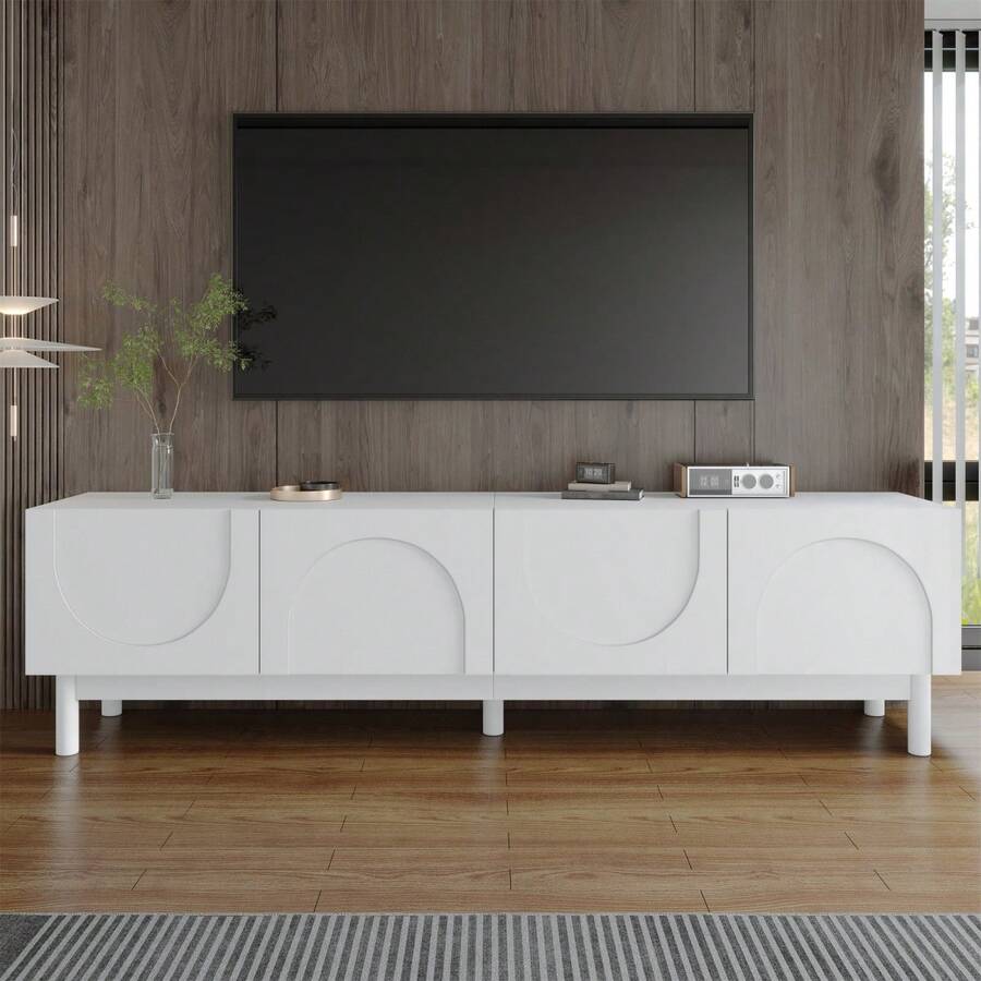 TV Cabinet With Curved, Wavy Doors / Timeless Design TV Cabinet / With Stabilizing Legs / Ample Storage Space / Suitable For The Living Room, White - White - View 1