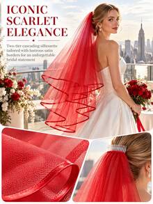 Bridal Veil, Women's Wedding Veil, Simple Tulle Church Style Veil, Suitable For Bachelorette Party And Pre-Wedding Bachelorette Party W-V-1 - Red - View 3