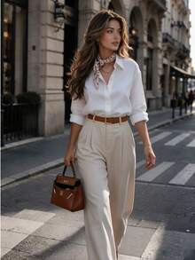 White Classic Collared Shirt For Women Single Breasted Loose Fit Long Sleeve Casual Work Commute Basic Versatile Blouse Top - White - View 4