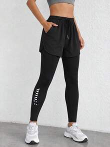 AODSR Women's Black 2-In-1 Layered Running Shorts With Full-Length Leggings, Drawstring Elastic Waist And Reflective Print - Black - View 3
