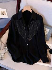 Women's Autumn Sequin Patchwork Front Button Daily Shirt - Black - View 1