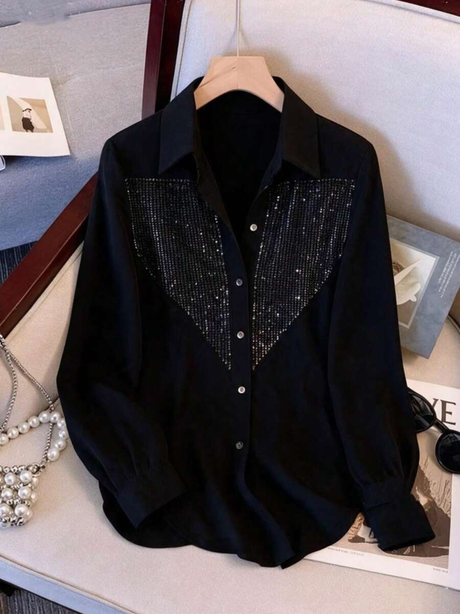 Women's Autumn Sequin Patchwork Front Button Daily Shirt - Black - View 1