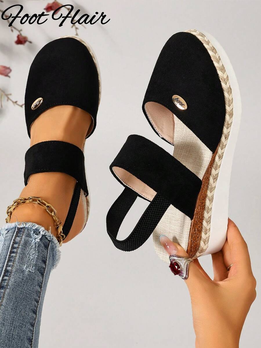 Foot Flair 女款黑色楔形跟包頭涼鞋 波希米亞風 海灘度假夏季款 35-44