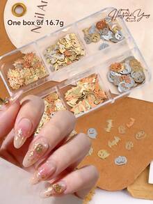 Fall Halloween Metal Nail Charms 6 Grids Box Ghost Pumpkin Bat DIY Nail Decorations - Gold - View 3