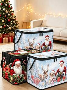 Christmas Zipper Storage Box, Santa Claus & Reindeer Print, Dual Handles, Large Size (42cm*30cm*30cm) Foldable Holiday Storage Bin, Dust-Proof Rectangular Storage Container, Suitable For Christmas Decorations, Gift Wrapping, Clothing, Wardrobe, Bedroom And Christmas Party Home Decor - Multicolor - View 9