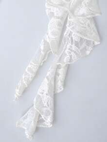 Women White Sheer Lace Halter Crop Top, Front Bow Tie Ruffle Trim Asymmetrical Irregular Hem Cami Top- - White - View 10