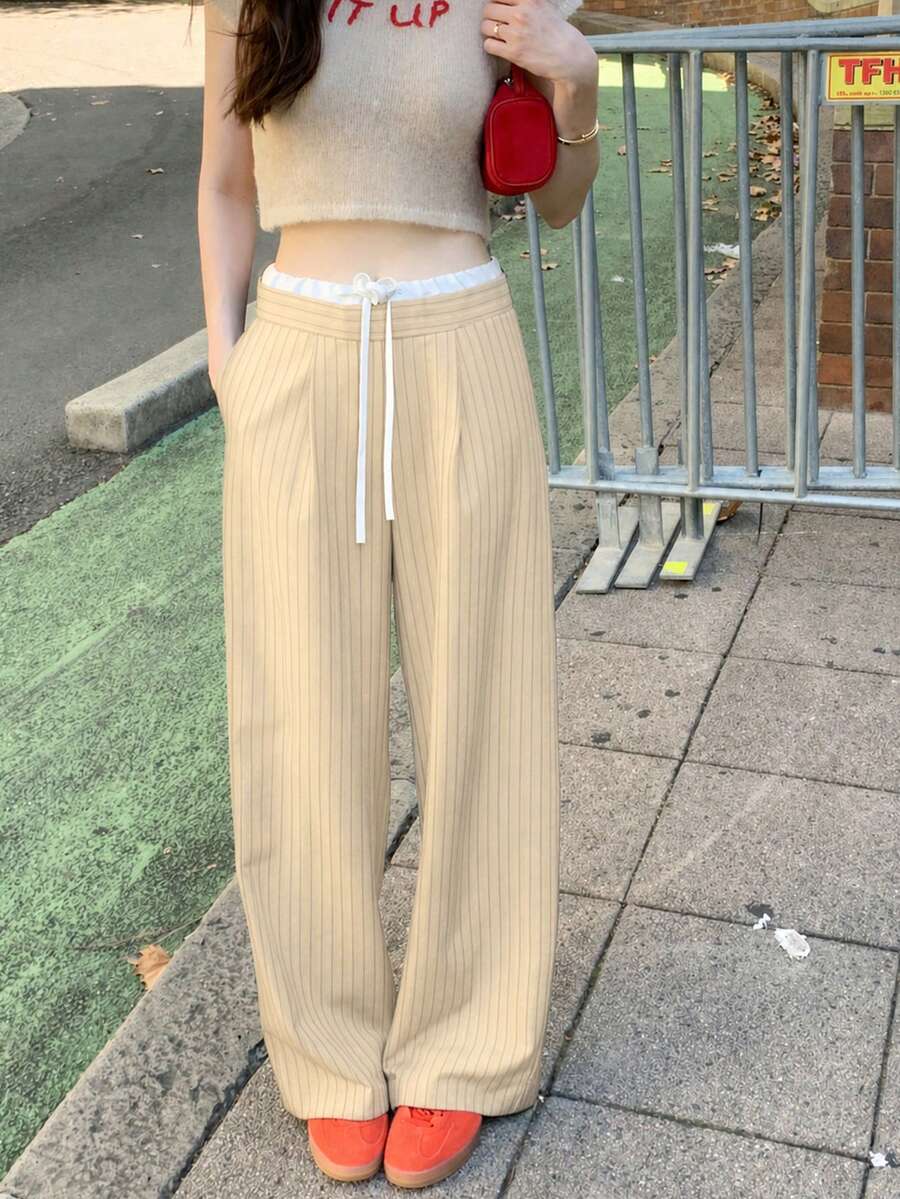 春秋款復古小眾拼接高腰繫帶修身顯瘦條紋休閒寬腿長褲 - 杏色 - 查看 1