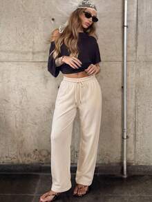 Women Solid Drawstring Waist Wide Leg Sweatpants, Casual Loose Fit Lounge Trousers - Apricot - View 4