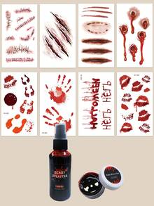 Halloween Makeup Prank Party Blood Spray Cream Tattoo Ink Fake Scar Making Non-Drip Fake Blood + Halloween Red Scar Stitch Blood Hole Pattern Tattoo Sticker Set - Multicolor - View 3