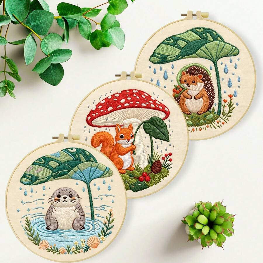 Embroidery Set, 20x20cm/7.9x7.9 Inches, Raindrops Animals, 2D Flat Printing Handmade DIY Beginner Embroidery Set, Including Embroidery Cloth,Instruction Manual,Embroidery Frame And Needle And Thread, Handmade Artwork As A Gift For Friends Or Famil