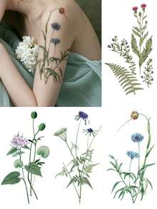 STARTTOOS 4PCS Fresh Aesthetic Floral & Fern Pattern Party Gifts Festival Tattoos Holiday Gift Temporary Waterproof Tattoo Stickers For Arm, Waist, Abdomen, Back, Legs - Multicolor - View 1