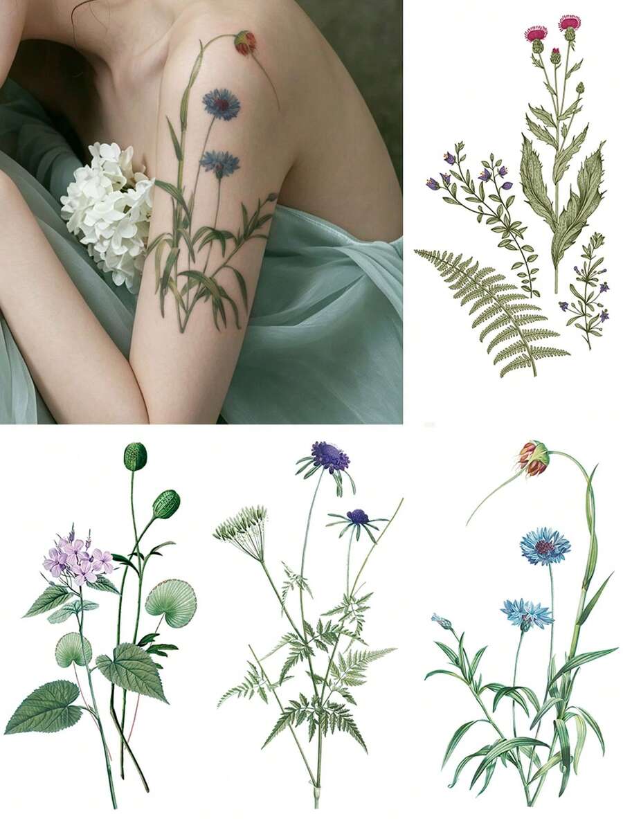 STARTTOOS 4PCS Fresh Aesthetic Floral & Fern Pattern Party Gifts Festival Tattoos Holiday Gift Temporary Waterproof Tattoo Stickers For Arm, Waist, Abdomen, Back, Legs - Multicolor - View 1