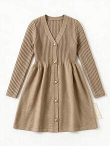 Women's Fall Winter Camel Ribbed Knit V Neck Button Front Fit & Flare Long Sleeve Mini Sweater Dress, Elegant Casual Date Night Office Wear - Khaki - View 10