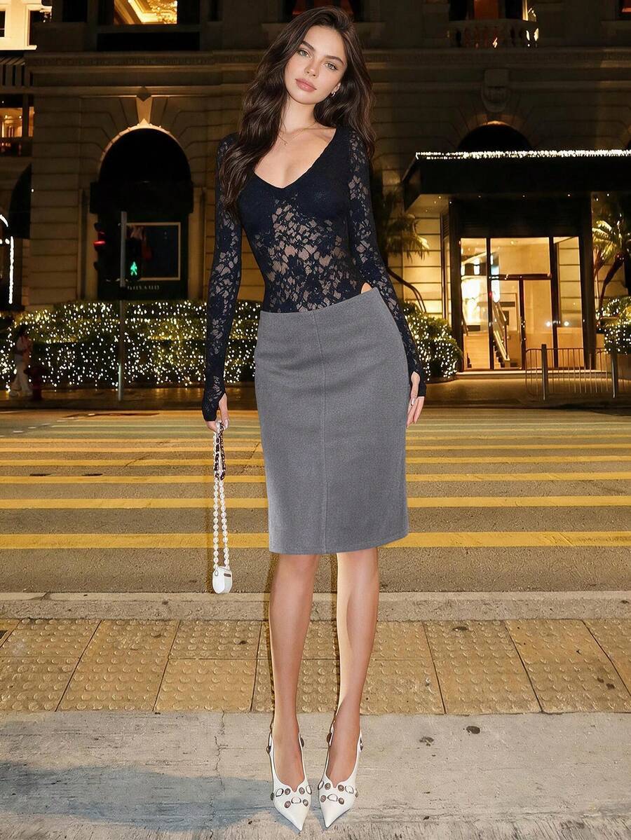 QUNGIGU 女款老錢風麂皮直筒裙,適合日常通勤、工作與外出 - 灰色 - 查看 1