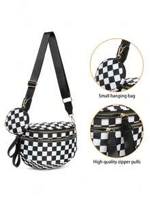 Tas Selempang Kotak-kotak Hitam Putih, Tas Selempang Bulat Kasual dengan Dompet Koin Mini, Tas Bahu dengan Tali Lebar yang Dapat Diatur untuk Perjalanan Sehari-hari - Hitam dan Putih - View 8