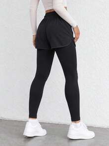 Women's 2-In-1 Sports Leggings With Shorts Layer, High Waist Drawstring, Black Full Length Active Pants. - Black - View 7