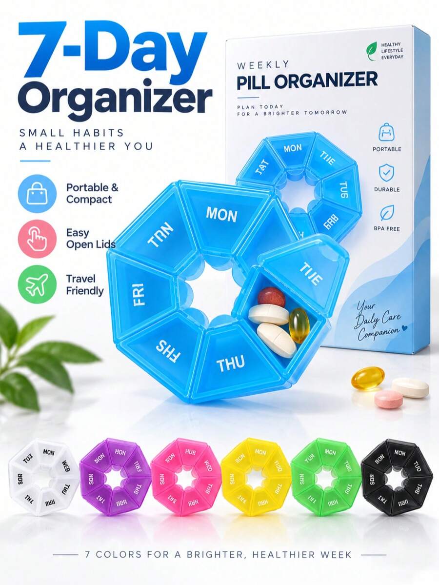 3PCS/1PC Mini 7-Compartment Storage Box - Portable Weekly Pill Organizer, Ideal Gift For Elderly And Travelers, Pill Organizer, Pill Case, Pill Box - one-size - View 1