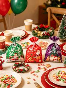 10pcs Christmas Drawstring Gift Bags, Drawstring Closure Design, Convenient For Storing Candies And Small Gifts. Suitable For Christmas Eve Gift Packaging, Can Be Used For Christmas Parties And Home Holiday Decor, Both As Gift Packaging Bags And Christmas Atmosphere Decoration. - Multicolor - View 2