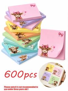 600張 3"X3"蘇格蘭高地牛便利貼，可愛粉色、藍色、紫色花卉動物貼紙，適用於居家、學校與辦公室，女性理想情人節禮物文具，高地牛正方形便利貼，文具便利貼，DIY手帳高地牛素材便利貼，強黏性純色備忘錄貼紙，創意可愛小筆記本標記貼，適合學生 - 多色 - 查看 2