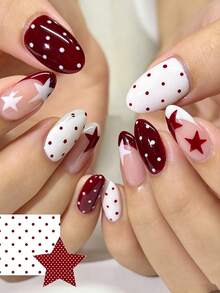 24pcs Vintage Gold Foil Medium Almond Shape Press-On Nails, Classic Brown-Red Cat Eye 3D Asymmetrical Metallic French Style Fake Nails, Elegant Autumn/Winter Daily & Party Style - Multicolor - View 3