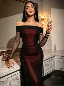 RNU Women's Autumn/Winter Evening Party Dress, Off-Shoulder Contrast Color Mesh Long Dress With Ruched 2 In 1 Design, Mesh Long Sleeve Slim Fit Dress, Atmospheric Party Gown - Black - View 6