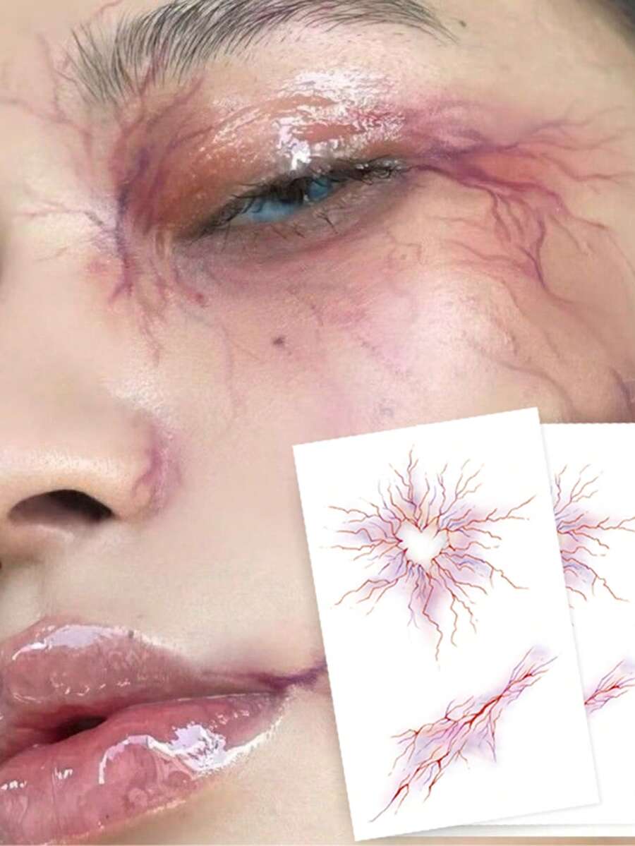 STARTTOOS 2PCS Halloween Pink Purple Gradient Heart Vascular Lightning Pattern Halloween Makeup Halloween Street Party Gift Tattoo Stickers Arm Face Waist Abdomen Shoulder Neck Collarbone Waterproof Tattoo Stickers - Multicolor - View 1