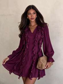 Rusttydustty Women's Vintage Ruffle Tie V-Neck Long Sleeve Short Dress - Purple - View 1