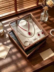 1pc Walnut Wood Grain Flip Lid Glass Jewelry Display Box, Velvet Lining Dust-Proof Jewelry Storage Box, Necklace Bracelet Ring Set Display Box, Gift Jewelry Box - Multicolor - View 1
