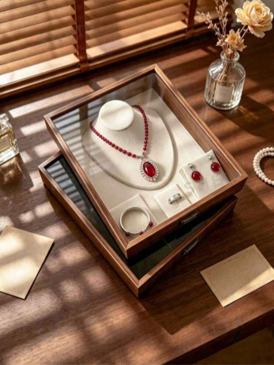 1pc Walnut Wood Grain Flip Lid Glass Jewelry Display Box, Velvet Lining Dust-Proof Jewelry Storage Box, Necklace Bracelet Ring Set Display Box, Gift Jewelry Box - Multicolor - View 1