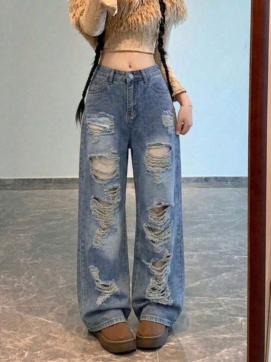 Celana Jeans Denim Rusak, Potongan Longgar, Kaki Lebar, Panjang Hingga Lantai - Medium Wash - View 1