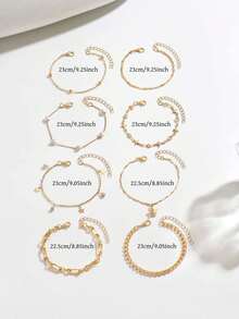 8pcs Gold Tone Chain Bracelet Set, Heart Star Cross Charm Bracelet With Faux Pearl Rhinestone Pendant, Dainty Layered Jewelry Women Daily Wear Gift - Gold - View 4