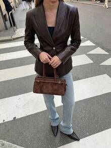 Women's Fashion Deep Brown PU Leather Gold Button Overlap Collar Design Jacket, Autumn/Winter - Chocolate Brown - View 3