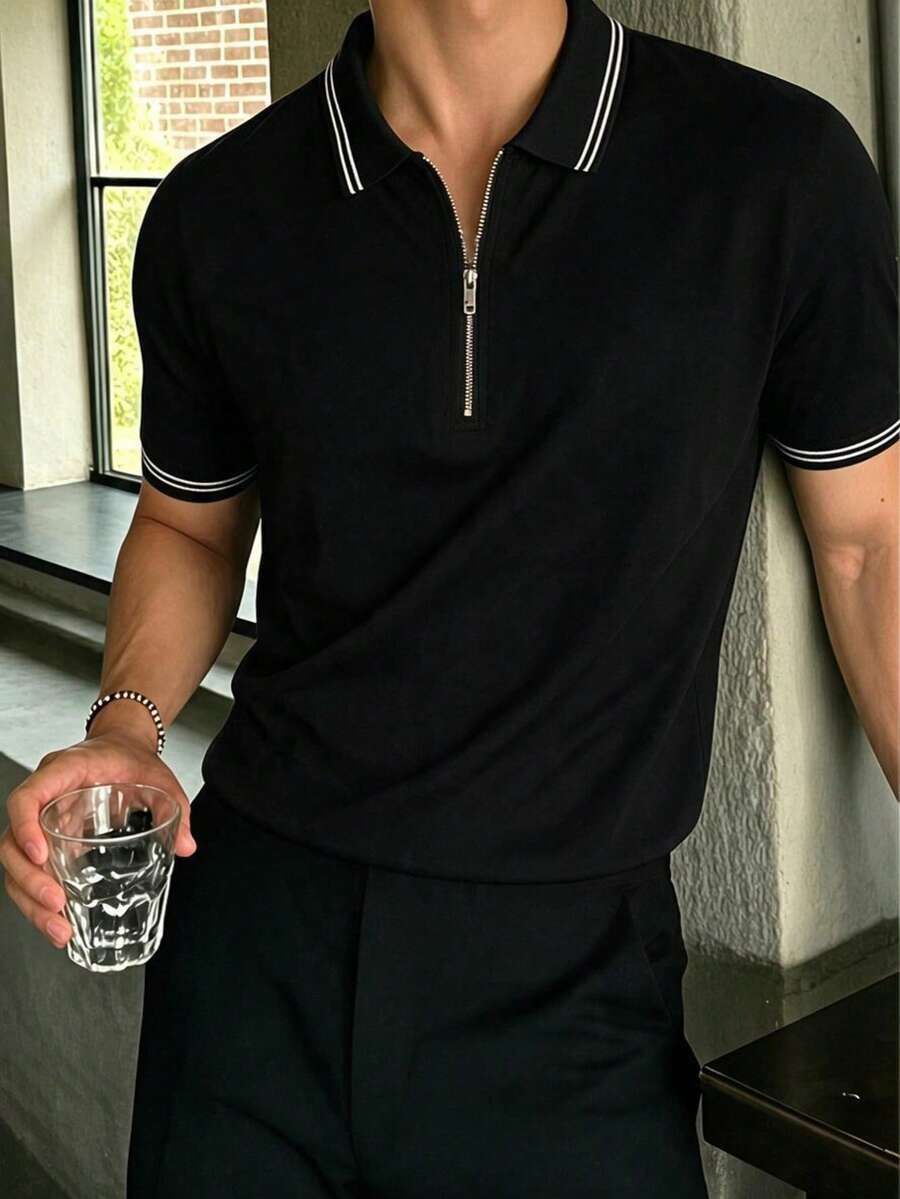Men's Summer Casual Versatile Slim Fit Regular Shoulder Zipper Short Sleeve Polo Shirt - Black - View 1