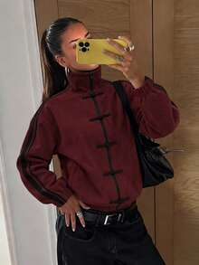 Women's Burgundy Suede Short Jacket, Side Stripe With Cheongsam Button And Zipper Design, Versatile Long Sleeve Coat For Autumn/Winter - Burgundy - View 7