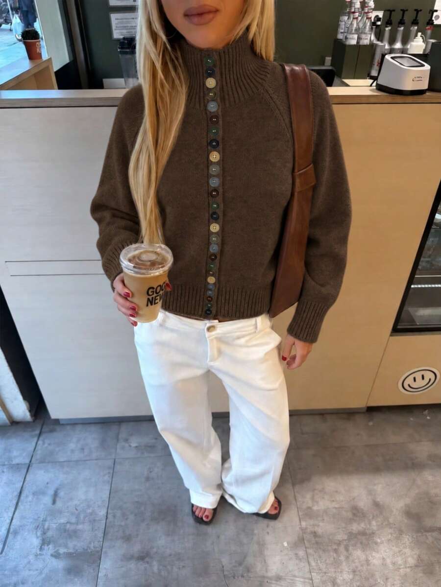 女款休閒撞色鈕扣針織上衣，時尚半高領開襟衫，寬鬆毛衣 - 棕色 - 查看 1