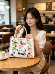 1pc Snoopy Canvas Tote Bag, Large Capacity Shoulder Bag, Suitable For Daily Commute, School, Picnic, Cute Cartoon Gift For Women And Girls - Multicolor - View 6
