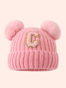 1pc Pink Kids Hat 26 Letters Baby Knitted Cap Boys Girls Warm Beanie Suitable For Outdoor Travel Daily Wear - Pink Gold Logo On Crown - Pink Double Ball Cap - View 48