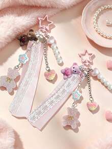 Cute Resin Bear Bag Charm,Lace Ribbon Heart Star Beaded Keychain,Sweet-Style Bag Charm,Aesthetic Backpack Pendant,Girls Sweet Accessory Gift - Multicolor - View 9