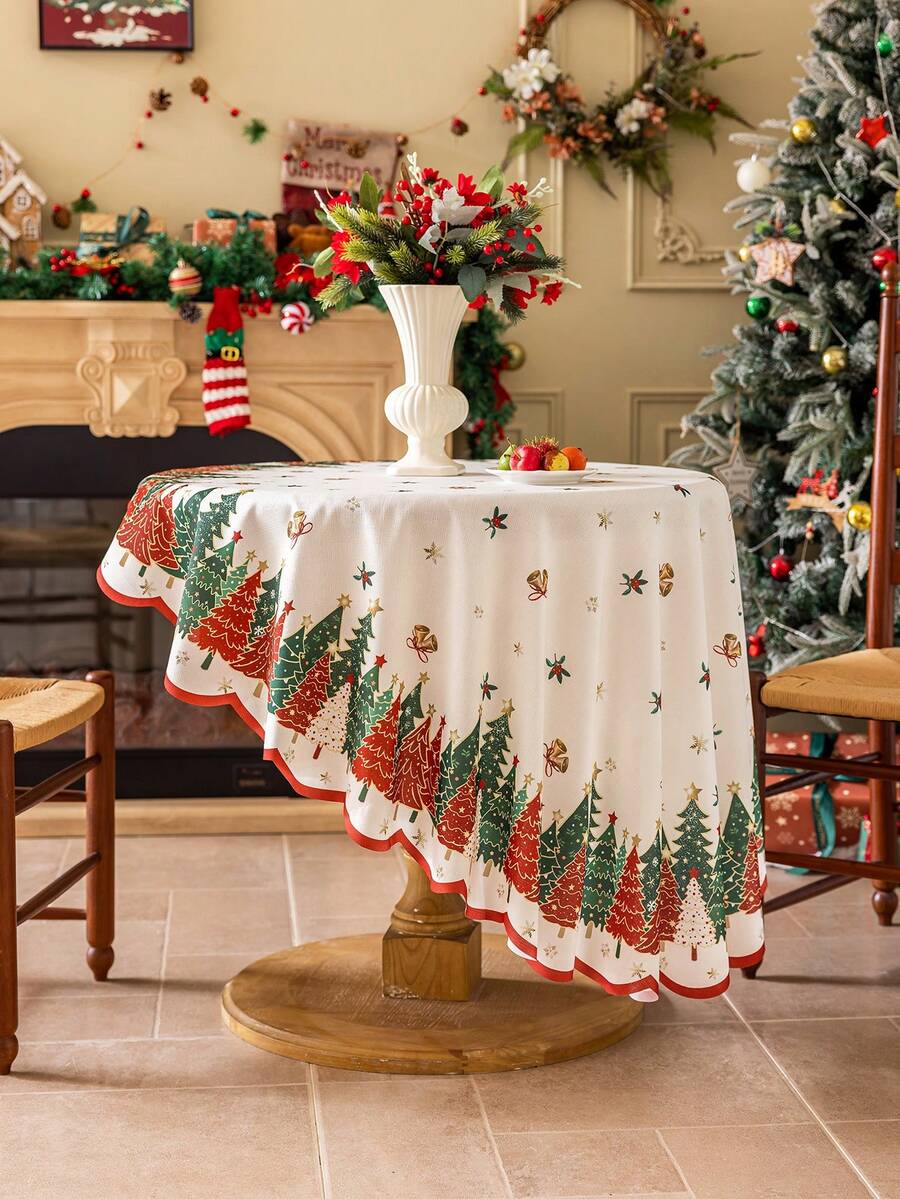 MineLain 1pc Merry Christmas Christmas Party Round Tablecloth, Round Dining Table Cloth, Diameter 59/71inch, Christmas Tree Pattern, Wavy Hem, Washable, Small Round Table Cover, Tabletop Decor, Home Decor, Suitable For Country Farmhouse, Home Kitchen, Dining Room, Living Room, Balcony, Dinner, Gathering, Holiday, Party, Autumn Decor, Christmas Decor, Christmas Gift - Multicolor - View 1