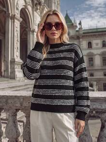NiceArt Striped Sweater, Black Casual Elegant Round Neck Dropped Shoulder Long Sleeve Pullover Knit Top For Women, Suitable For Ball, Party, Halloween - Black and White - View 8