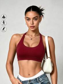 Women's Red Halter Neck Backless Sports Bra, Minimalist Versatile Design Suitable For Daily Yoga, Fitness, Running - Red - View 2