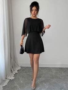 Women's Black Mesh Cap Sleeve 2 In 1 Cinched Waist A-Line Short Dress, Solid Color, Elegant - Black - View 4