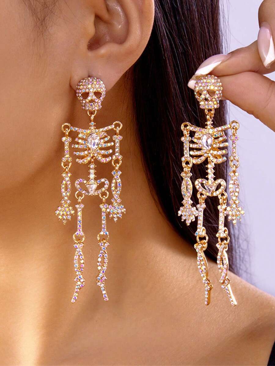 2 Buah Anting Tengkorak Halloween Berlian Penuh - Emas - View 1
